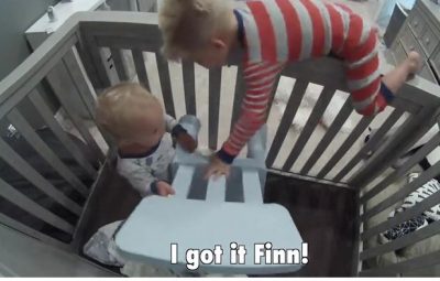 toddler catching baby brother escape